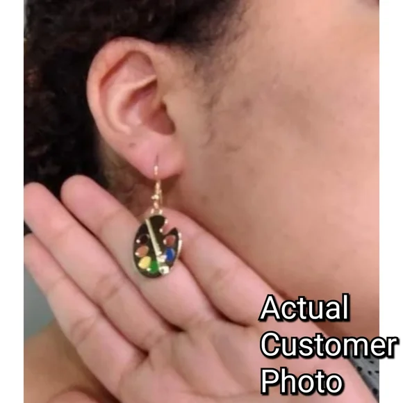 Artist Paint Palette Earrings Gold Tone Dangle Drop Earrings - Picture 6 of 6